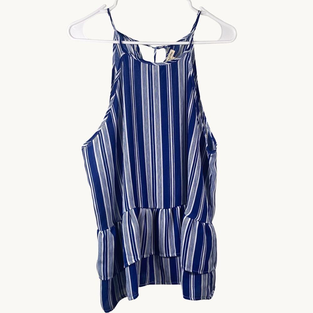EUC Womens Lily White Size L Blue White Striped Tank Blouse Tiered Nautical